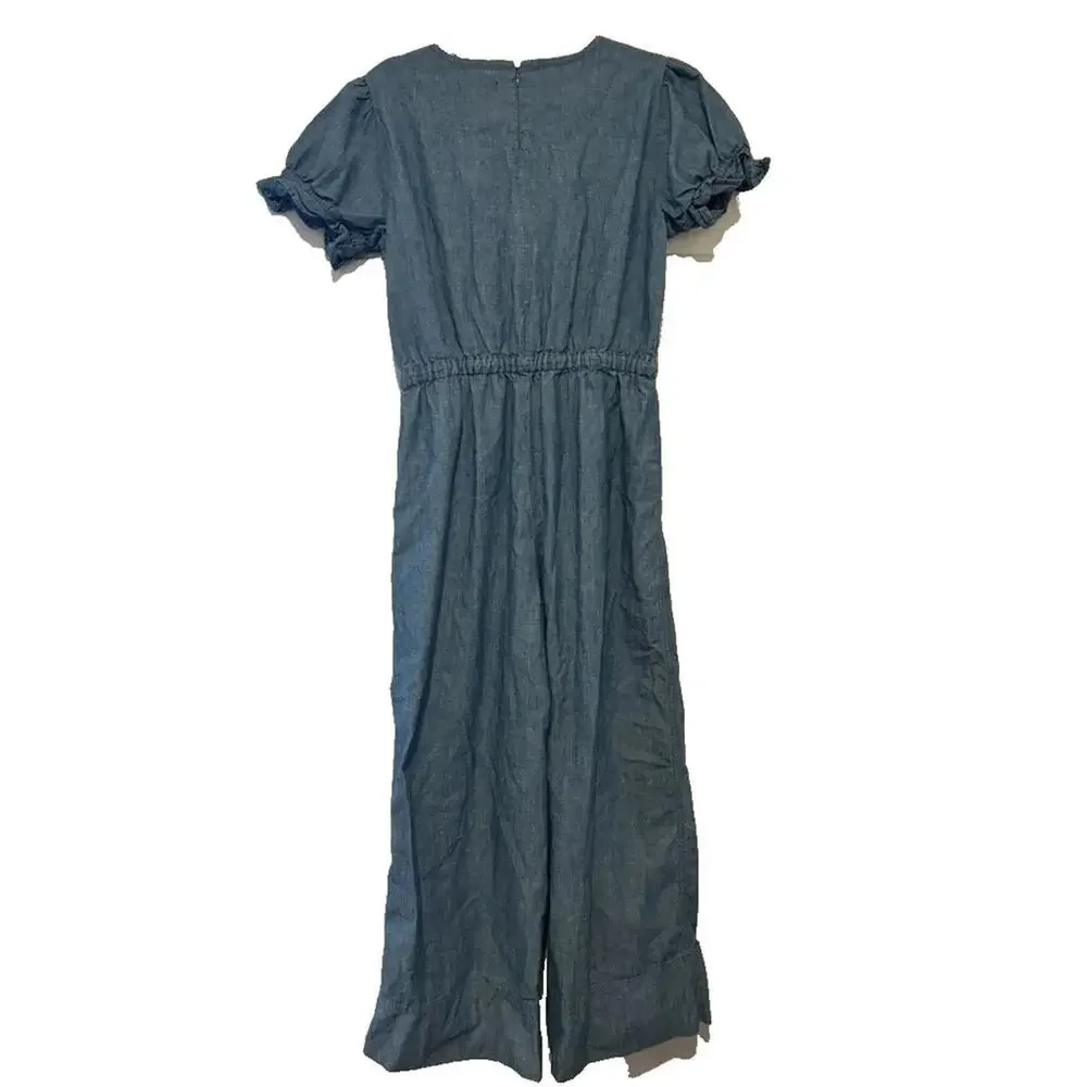 J‎ Crew sz 0 blue short sleeve chambray pants jumpsuit/romper V neck #3046
